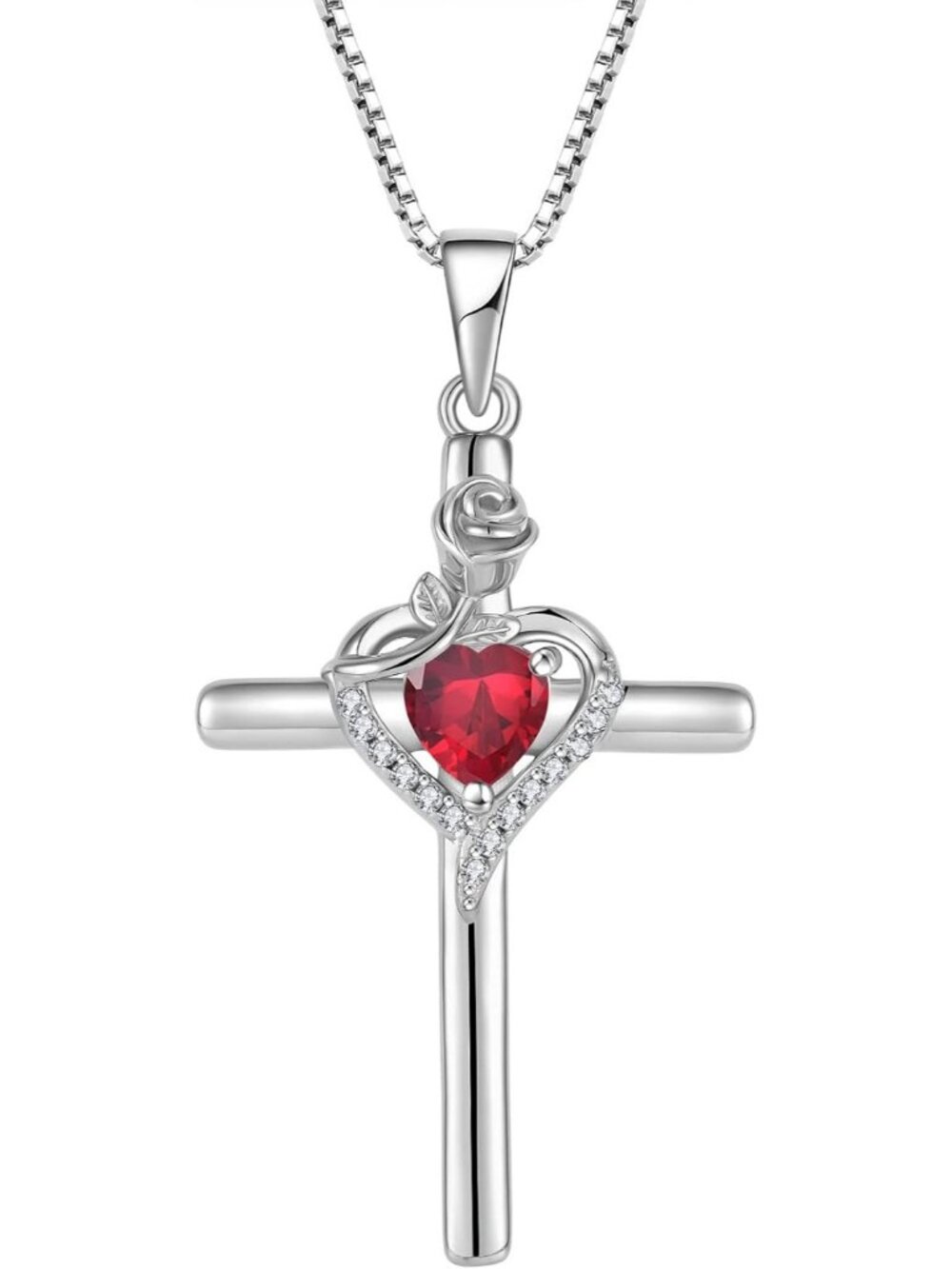 Women’s Red 925 Sterling Silver Cross Rose Flower Birthstone Fashion Necklaces